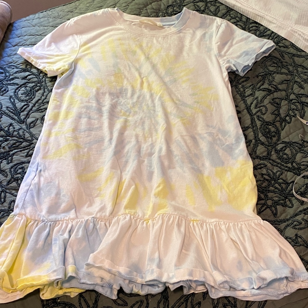 Anthropologie White Mini Dress with Pale Yellow Tie-Dye